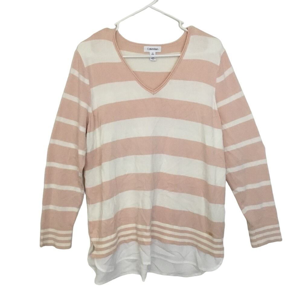 Calvin Klein Women’s Pink Blush White Striped Chiffon Hem Tunic Sweater L Soft
